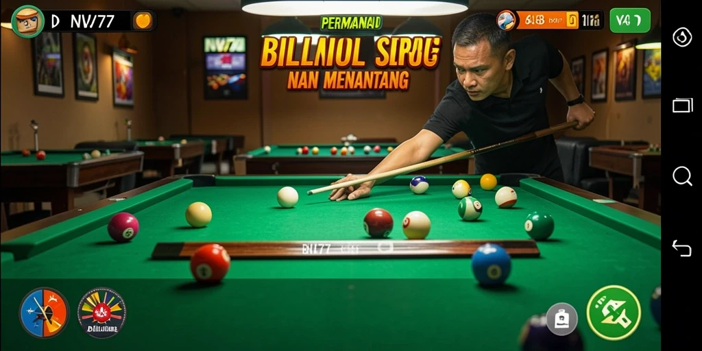 Antarmuka NV77 yang menarik menampilkan tampilan billiard yang realistis.