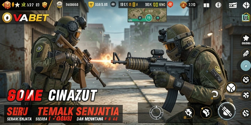 Screenshot utama OVABET menampilkan aksi tembak-menembak yang intens.